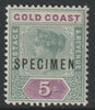 Gold Coast 1900 QV 5s overprinted SPECIMEN with Short Topped N variety (Position 54) with gum