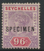 Seychelles 1890 QV 96c overprinted SPECIMEN with Club Foot on M variety (Occurs in positions 17 & 47) with gum