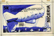 Nigeria 1979 International Radio Committee - original hand-painted artwork for 5k value (Showing Radio Airship) on card 8" x 5" with overlay endorsed A5