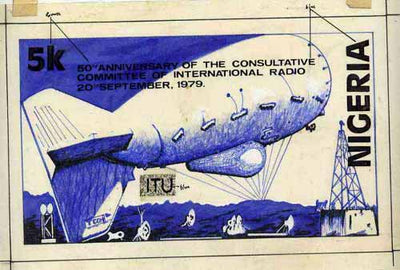 Nigeria 1979 International Radio Committee - original hand-painted artwork for 5k value (Showing Radio Airship) on card 8