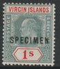 British Virgin Islands 1904 KE7 1s overprinted SPECIMEN with Club Foot on M variety (Occurs in positions 17 & 47) with gum