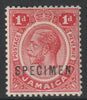 Jamaica 1912 KG5 1d overprinted SPECIMEN with Club Foot on M variety (Occurs in positions 17 & 47) with gum