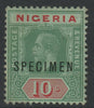 Nigeria 1915 KG5 10s overprinted SPECIMEN with Short Footed N variety (Position 30) with gum