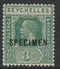 Seychelles 1921 KG5 3c overprinted SPECIMEN with Short Footed N variety (Position 30) with gum