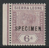 Sierra Leone 1897 QV 6d overprinted SPECIMEN with Flat Topped S variety (Position 49) marginal with gum