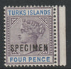 Turks Islands 1895 QV 4d overprinted SPECIMEN with Dot in S variety (Position 24) marginal with gum