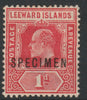 Leeward Islands 1907 KE7 1d overprinted SPECIMEN with Damaged P variety (position 42) with gum