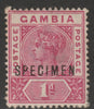 Gambia 1898 QV 1d overprinted SPECIMEN with Damaged P variety (position 42) without gum
