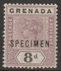 Grenada 1895 QV 8d overprinted SPECIMEN with ME Flaws (position 44) without gum