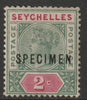 Seychelles 1890 QV 2c overprinted SPECIMEN with Short Topped N variety (Position 54) with gum
