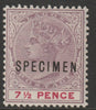 Lagos 1887 QV 7.5d overprinted SPECIMEN Short Topped N variety (Position 54) with gum