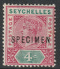 Seychelles 1890 QV 4c overprinted SPECIMEN with Spur on M variety (Occurs in positions 5, 23, 53 & 59) with gum