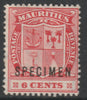 Mauritius 1921 Arms 6c overprinted SPECIMEN with Spur on M variety (Occurs in positions 5, 23, 53 & 59) with gum