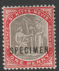 St Kitts-Nevis 1903 Medicinal Spring 1d overprinted SPECIMEN with Spur on M variety (Occurs in positions 5, 23, 53 & 59) with gum