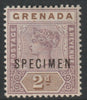 Grenada 1895 QV 2d overprinted SPECIMEN with Spur on M variety (Occurs in positions 5, 23, 53 & 59) with gum