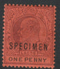 Lagos 1904 KE7 1d overprinted SPECIMEN with Spur on M variety (Occurs in positions 5, 23, 53 & 59) with gum