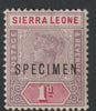 Sierra Leone 1896 QV 1d overprinted SPECIMEN with Spur on M variety (Occurs in positions 5, 23, 53 & 59) with gum