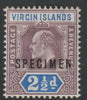 British Virgin Islands 1904 KE7 2.5d overprinted SPECIMEN with Spur on M variety (Occurs in positions 5, 23, 53 & 59) with gum