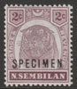 Malaya - Negri Sembilan 1895 Tiger 2c overprinted SPECIMEN with Broken M variety (Position 41) with gum