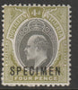 Southern Nigeria 1901 KE7 4d overprinted SPECIMEN with Club Foot on M variety (Position 47) with gum
