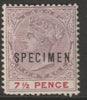 Lagos 1887 QV 7.5d overprinted SPECIMEN with,Flaws on S & M (position 55?) with gum