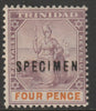Trinidad 1896 Britannia 4d overprinted SPECIMEN with,Flaws on S & M (position 55?) with gum