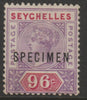 Seychelles 1890 QV Crown CA 96c overprinted SPECIMEN without gum but only 345 produced, SG 8s