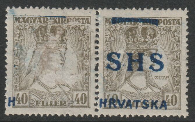Yugoslavia - Croatia 1918 Queen Zita 40f horizontal pair with wrong overprint on one and mainly omitted on the other, fine mounted mint SG77var