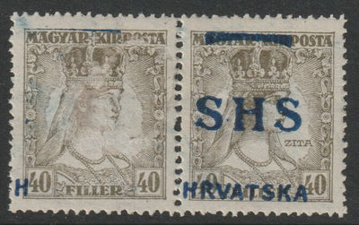 Yugoslavia - Croatia 1918 Queen Zita 40f horizontal pair with wrong overprint on one and mainly omitted on the other, fine mounted mint SG77var