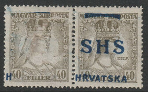 Yugoslavia - Croatia 1918 Queen Zita 40f horizontal pair with wrong overprint on one and mainly omitted on the other, fine mounted mint SG77var