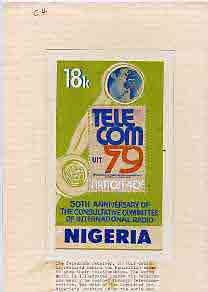 Nigeria 1979 International Radio Committee - original hand-painted artwork for 18k value (Telephone, Telecom Stamp & Globe) by Austin Ogo Onwudimegwu on card 4