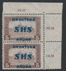 Yugoslavia - Croatia 1918 Parliament 5k corner pair with overprint doubled, stamps unmounted mint SG 72var