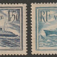 France 1935 Maiden Voyage of Liner Normandie the two shades mounted mint but gum disturbed on both, SG 526 & 526a
