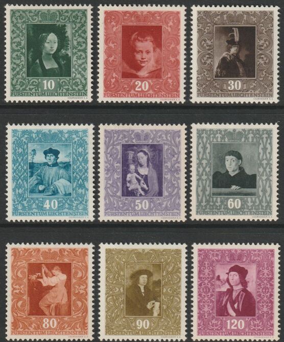 Liechtenstein 1949 Paintings set of 9 mounted mint, SG 269-77
