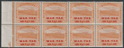 Dominica 1919 War Tax 1.5d on 2.5d orange positional block of 8, one stamp with short fraction bar, unmounted mint SG59 & 59a