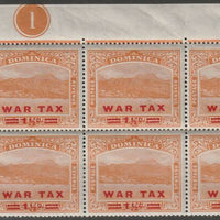 Dominica 1919 War Tax 1.5d on 2.5d orange NW corner block of 6 with Plate No.1, unmounted mint SG 59