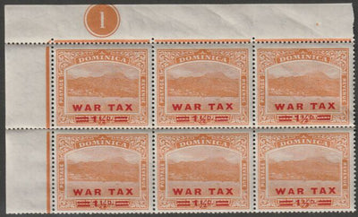 Dominica 1919 War Tax 1.5d on 2.5d orange NW corner block of 6 with Plate No.1, unmounted mint SG 59