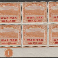 Dominica 1919 War Tax 1.5d on 2.5d orange SW corner block of 6 with Plate No.1, unmounted mint SG 59