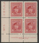 Canada 1943 KG6 4c carmine imprint Plate No.5 block of 4 unmounted mint SG 380