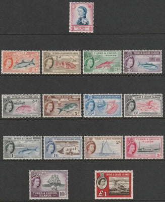 Turks & Caicos Islands 1957 QEII defset complete incl £1 values, 15 values all unmounted mint SG237-50 & 253