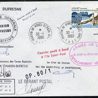 French Southern & Antarctic Territories 1980 cover bearing Navigators stamp (SG 127) with Martin de Vivies cancel, various cachets incl Posted at Sea, Compagnie Generale Maritime & Marion Dufresne and signed by 4 appropriate Officials