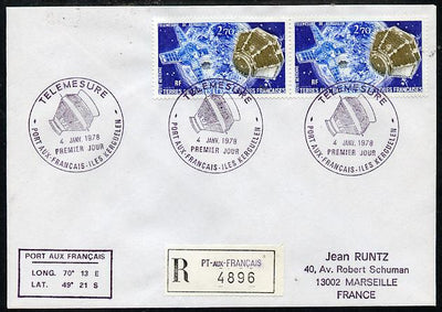 French Southern & Antarctic Territories 1978 Registered cover to France bearing 2 x 2f70 Satellite Stamps (SG 120) with Telemesure Port Aux Francais pictorial cancel