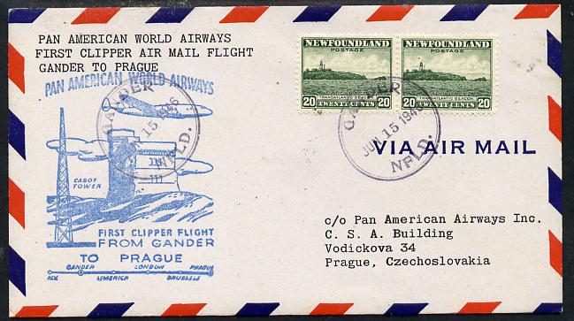 Newfoundland 1946 Pan American Airways First Clipper Air Mail Flight cover to Czechoslovakia with special 'Gander to Prague' Illustrated Cachet and bearing 2 x 20c (Cape Race & Beacon) adhesives (SG 286)