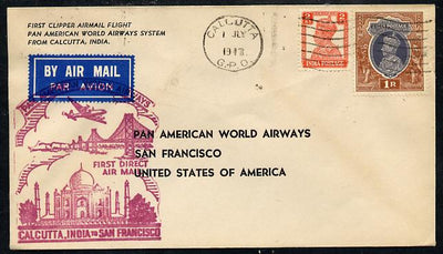 India 1947 Pan American Airways First Clipper Air Mail Flight cover to USA with special 'Calcutta to San Francisco' Illustrated Cachet (Golden Gate Bridge & Taj Mahal) in red bearing KG6 2as & 1r