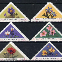 Croatia 1951 Flowers triangular perf set of 6 surcharged +5k in black unmounted mint