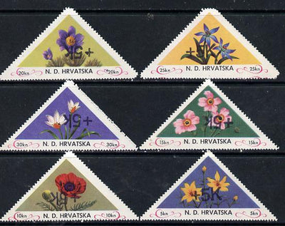 Croatia 1951 Flowers triangular perf set of 6 surcharged +5k in black unmounted mint