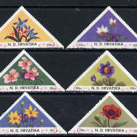 Croatia 1951 Flowers triangular perf set of 6 surcharged +5k in red unmounted mint