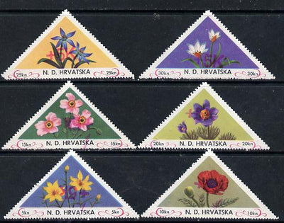 Croatia 1951 Flowers triangular perf set of 6 surcharged +5k in red unmounted mint