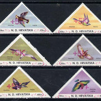 Croatia 1951 Birds triangular perf set of 6 surcharged +5k in red, unmounted mint