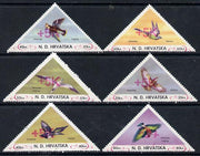 Croatia 1951 Birds triangular perf set of 6 surcharged +5k in red, unmounted mint